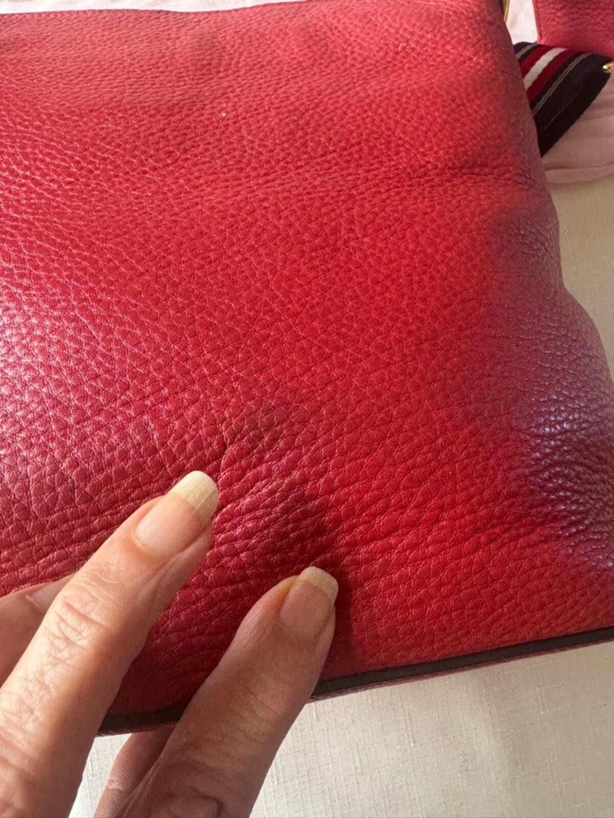 Prada Red Pebbled Leather Shoulder Bag with Striped Strap