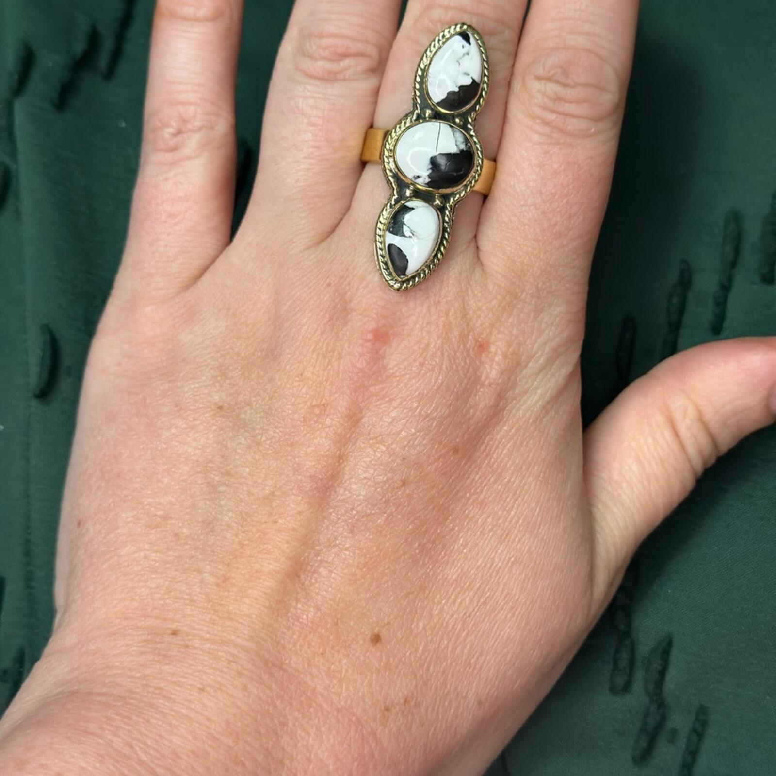 Triple White Buffalo Brass Ring