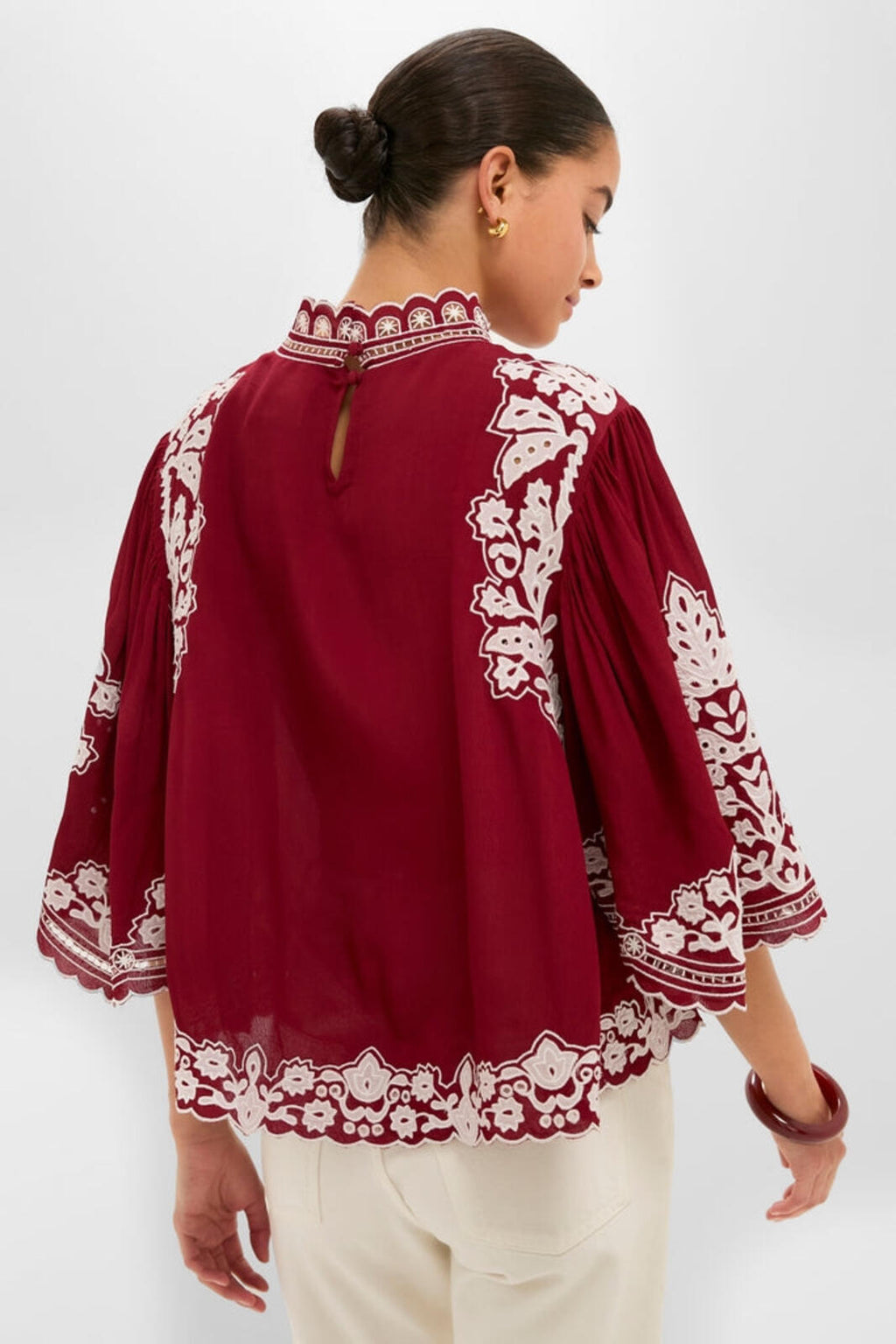 FARM Rio Embroidered Burgundy Blouse with Scalloped Edges