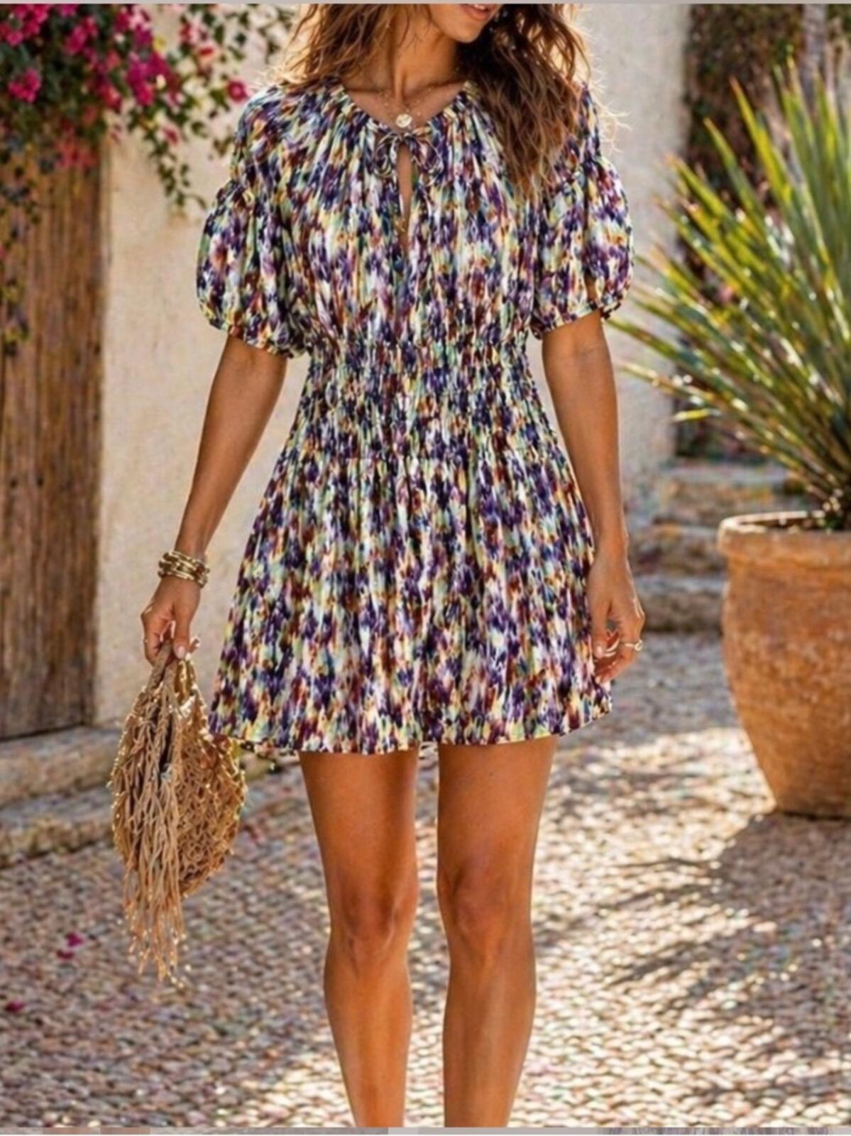 Tanya Taylor Multicolor Smocked Neck Puff Sleeve Mini Dress