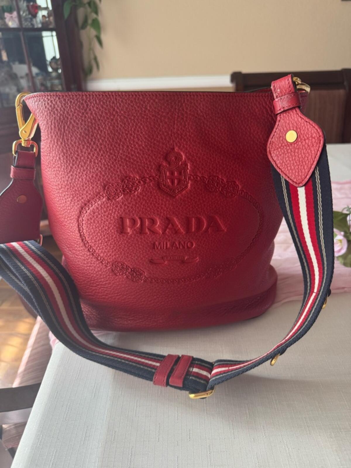 Prada Red Pebbled Leather Shoulder Bag with Striped Strap