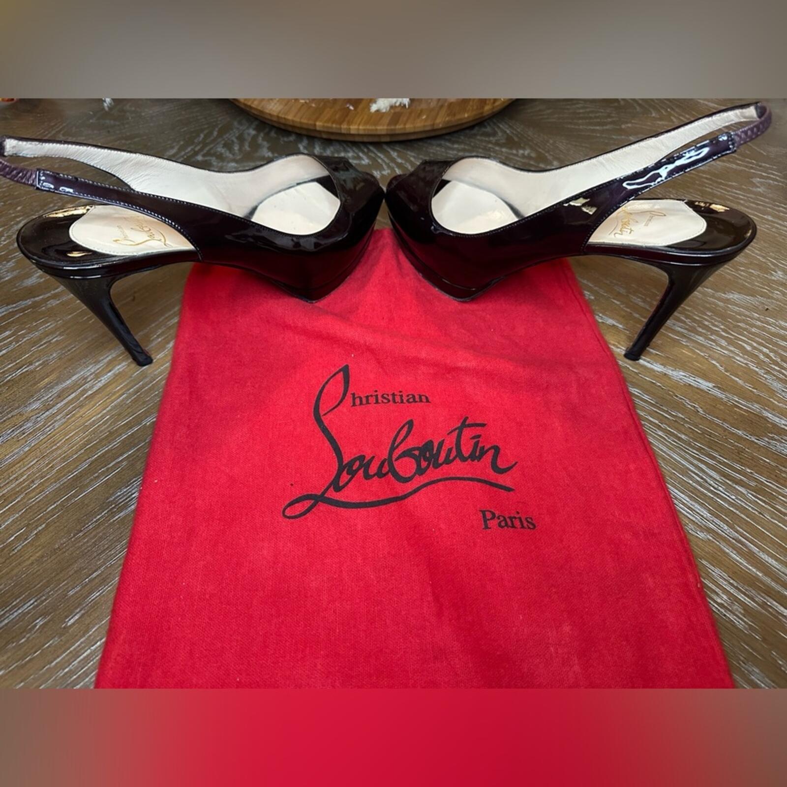 Christian Louboutin Burgundy Patent Peep-Toe Slingback Heels