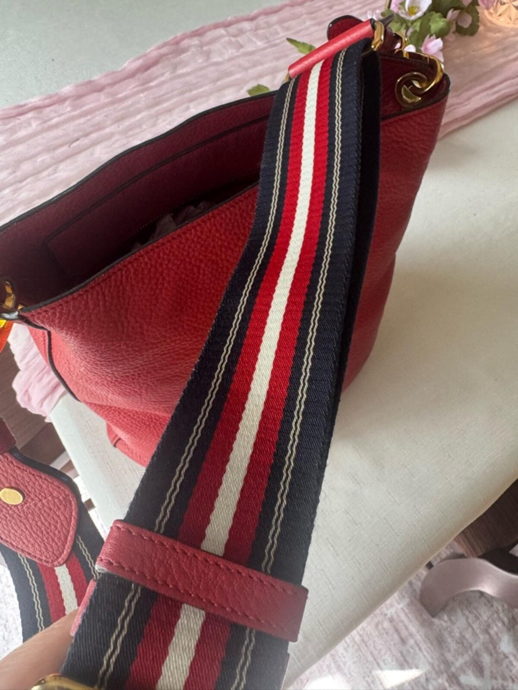 Prada Red Pebbled Leather Shoulder Bag with Striped Strap