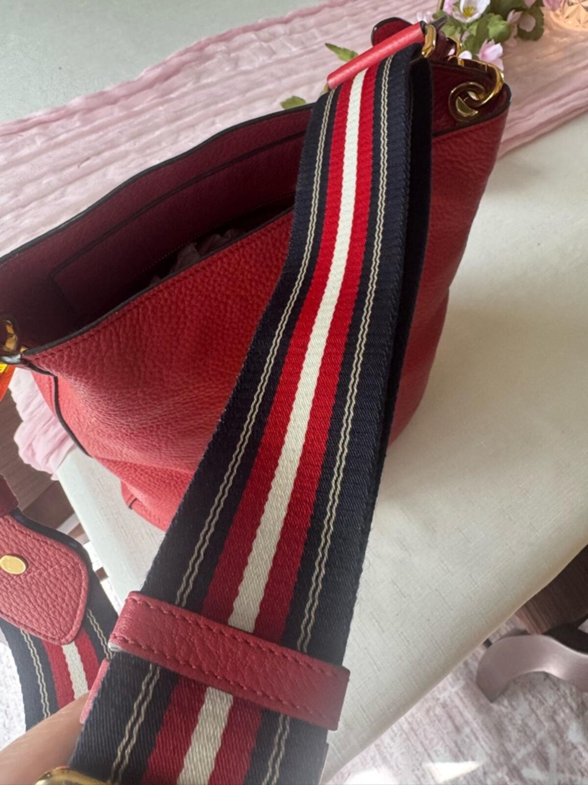 Prada Red Pebbled Leather Shoulder Bag with Striped Strap