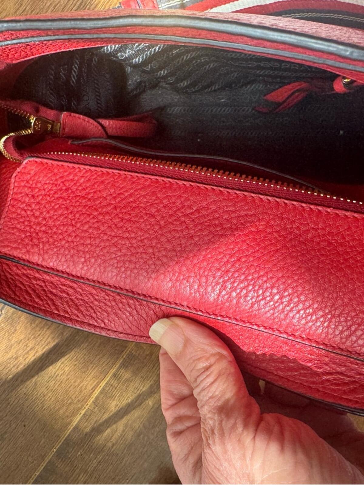 Prada Red Pebbled Leather Shoulder Bag with Striped Strap
