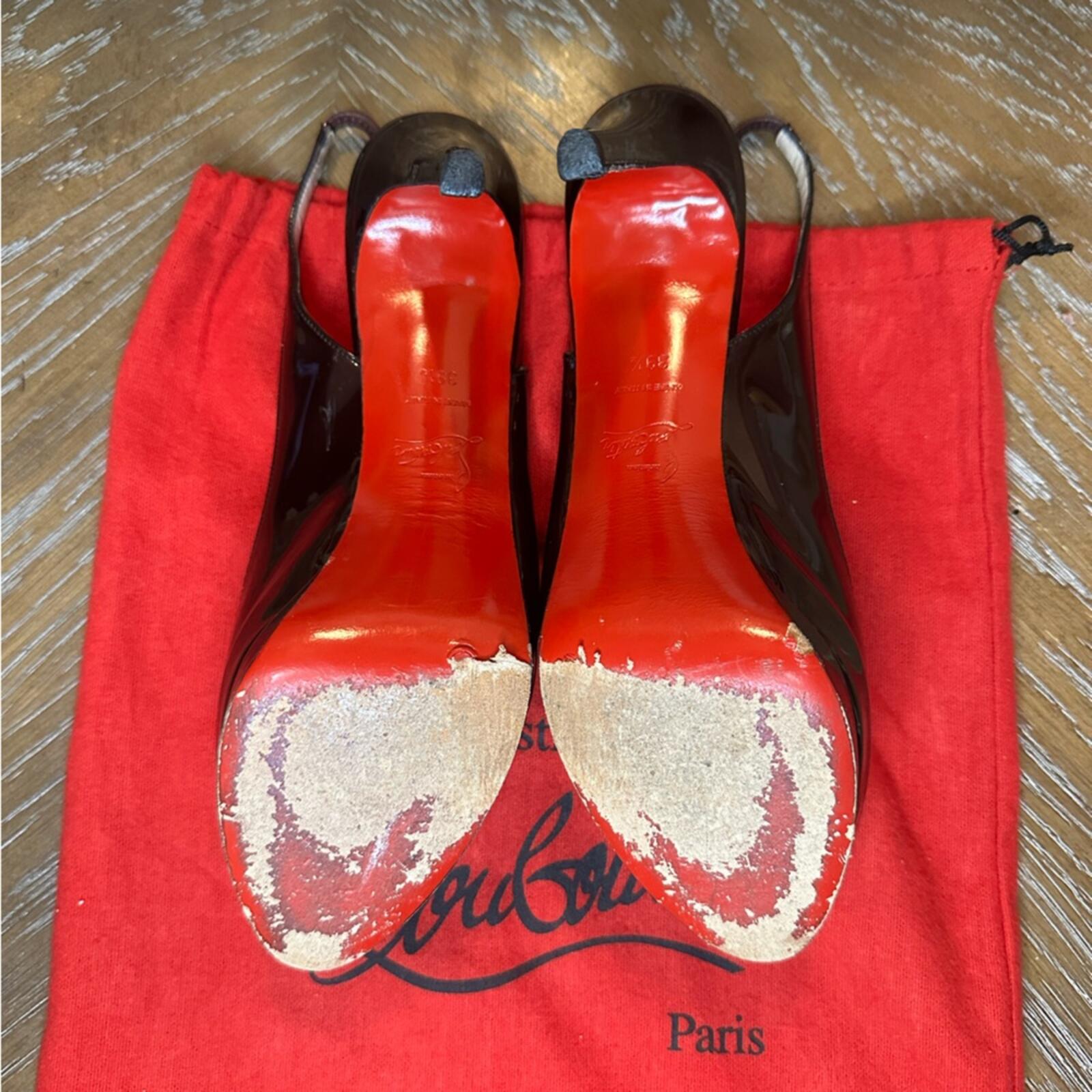 Christian Louboutin Burgundy Patent Peep-Toe Slingback Heels