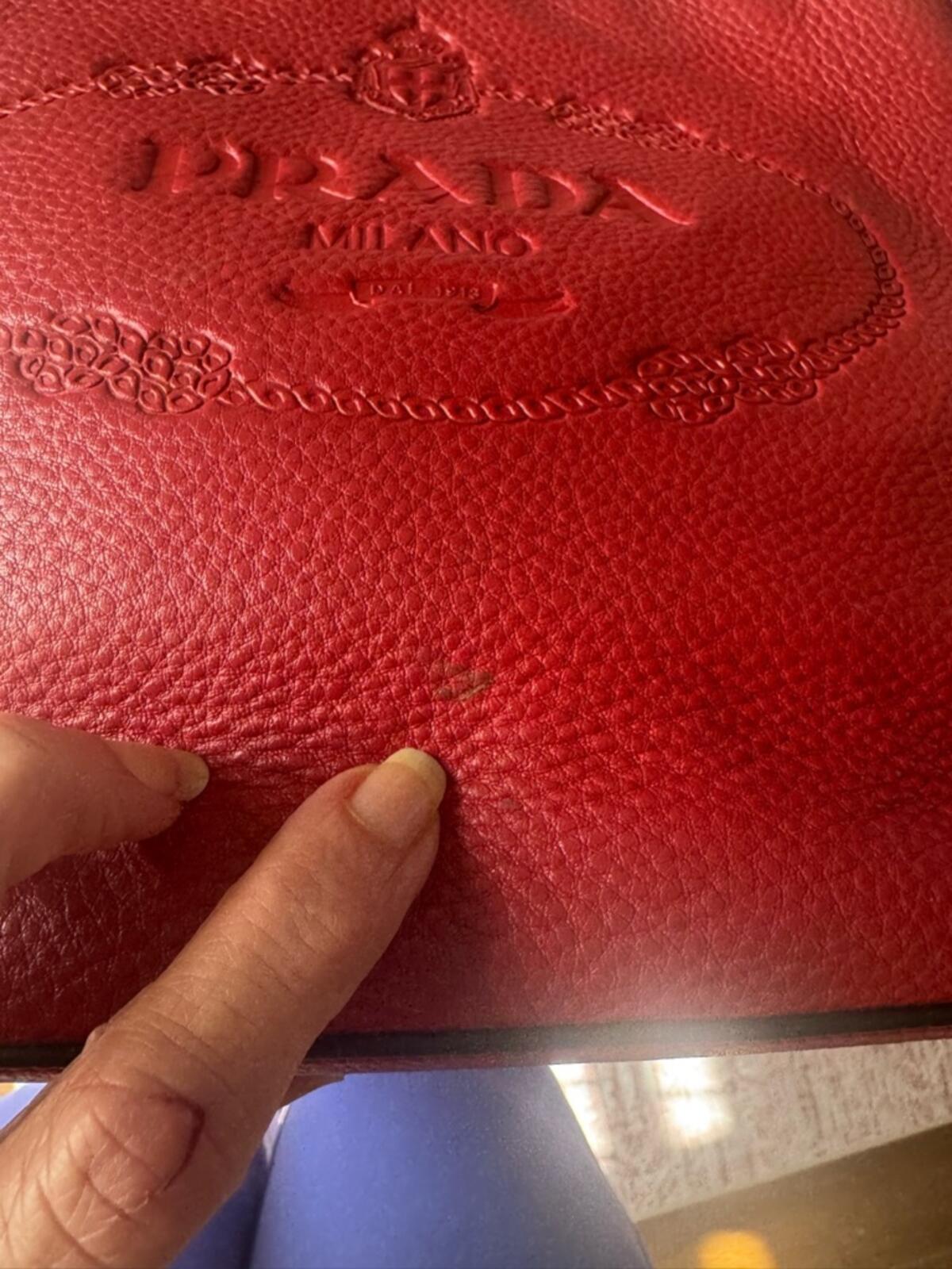 Prada Red Pebbled Leather Shoulder Bag with Striped Strap