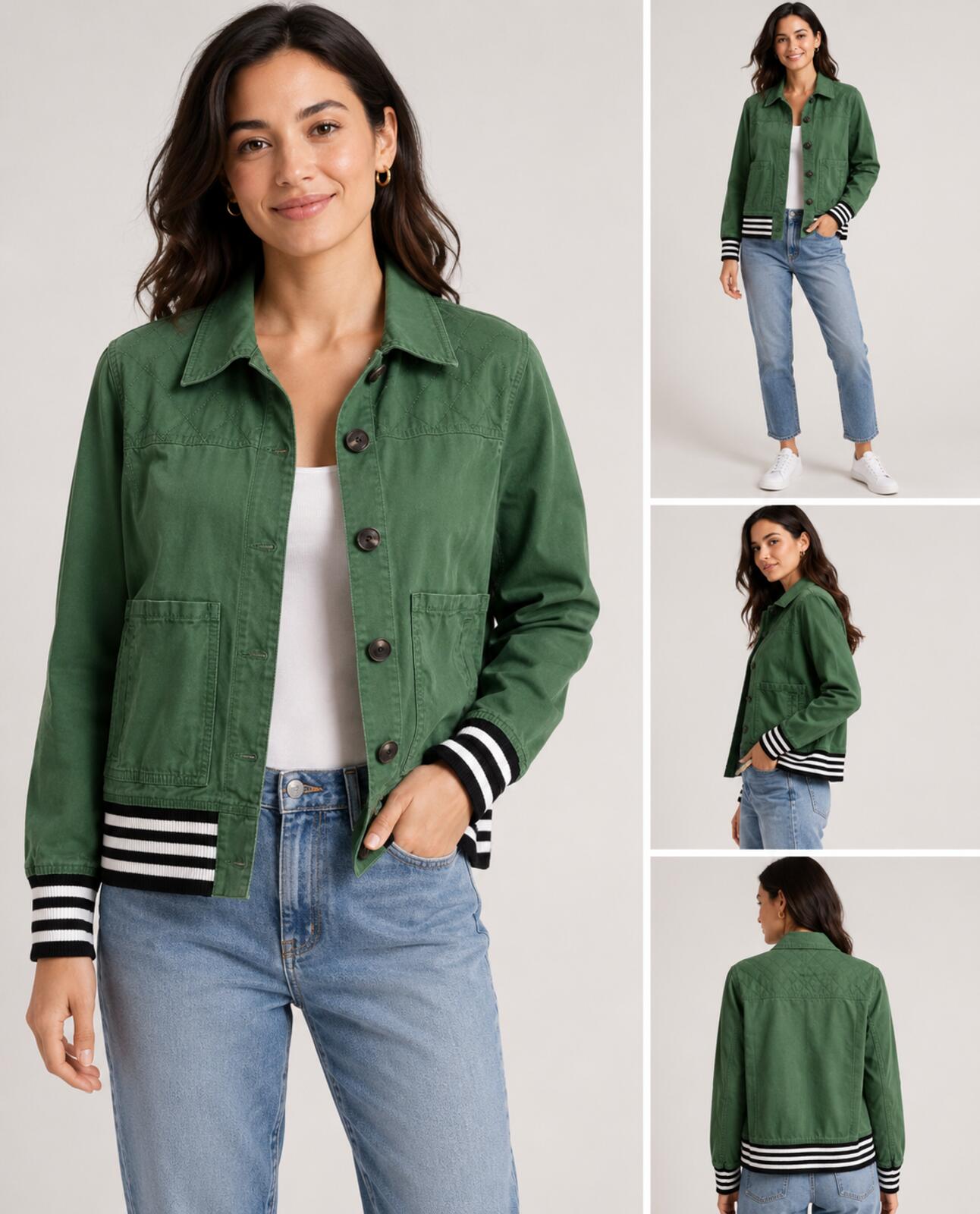 CAbi Green Utility Jacket with Striped Ribbed Cuffs Size S