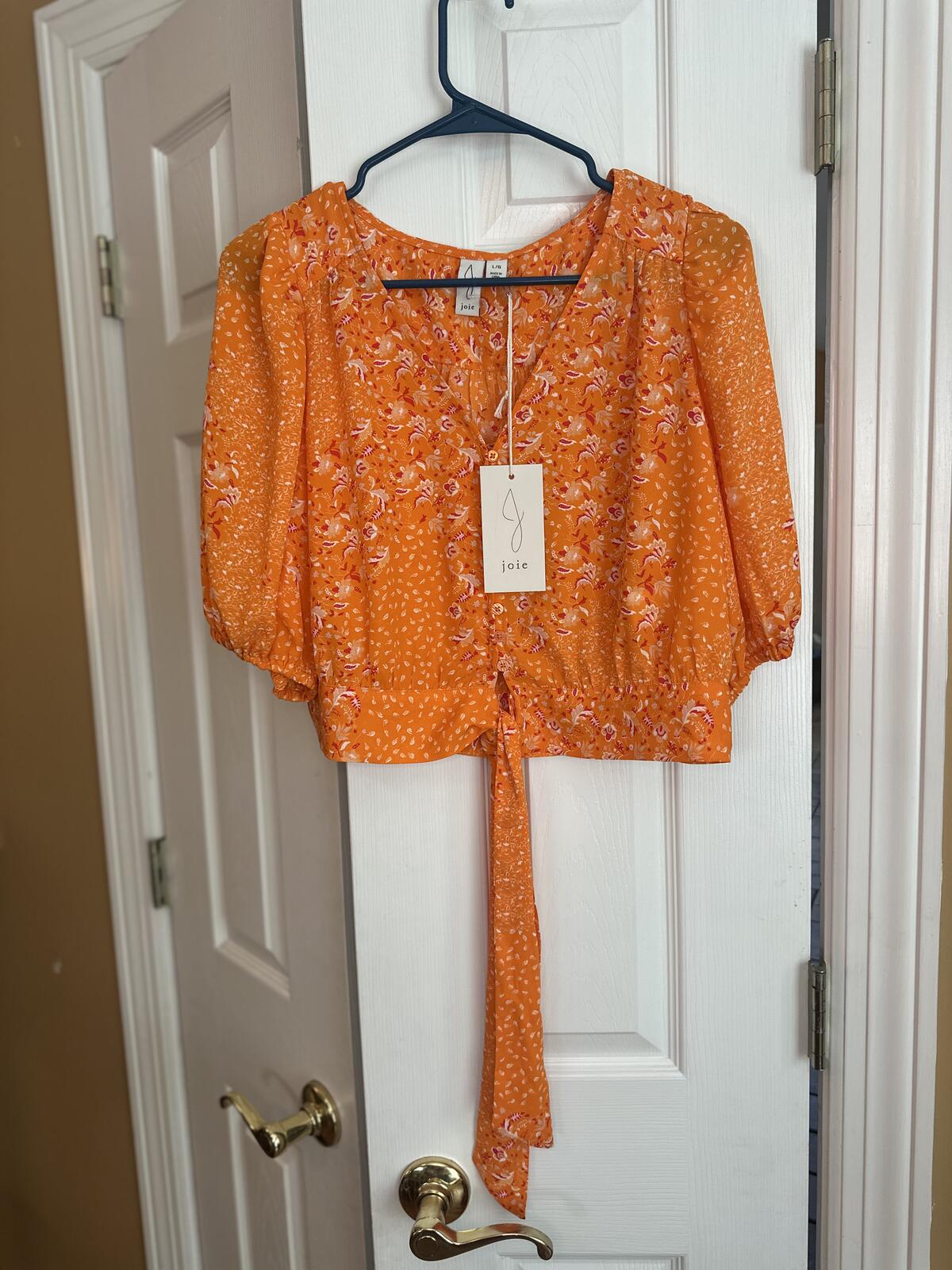 Joie Orange Floral Tie Front Blouse Size Large