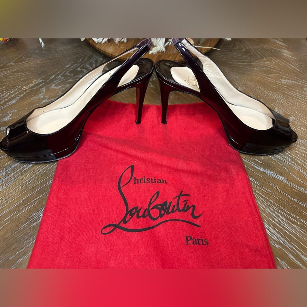 Christian Louboutin Burgundy Patent Peep-Toe Slingback Heels