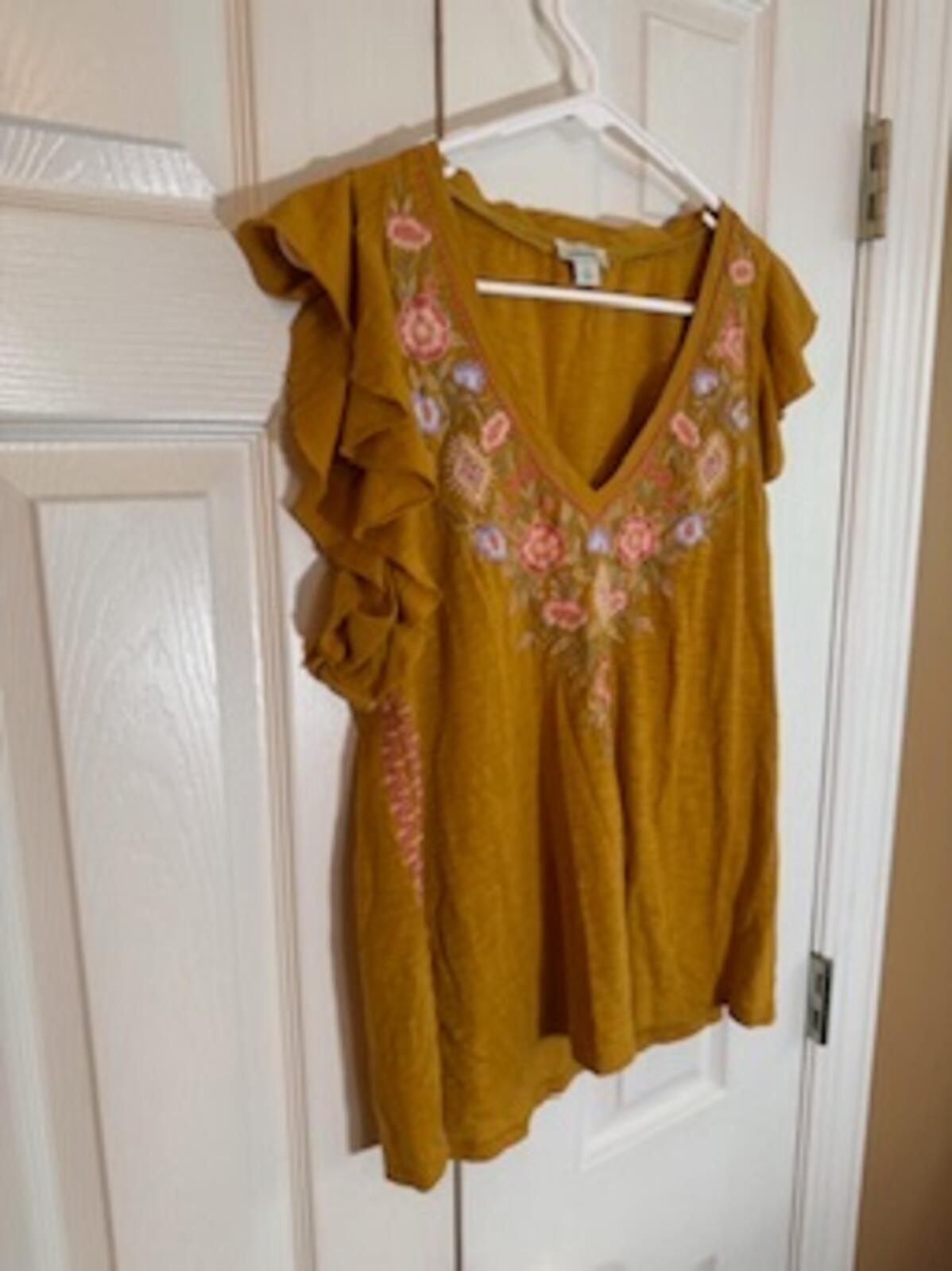 Sundance Mustard Yellow Embroidered Flutter Sleeve Boho Top