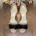 Valentino Garavani Nude Leather Open-Toe Pumps with Black Patent Bow