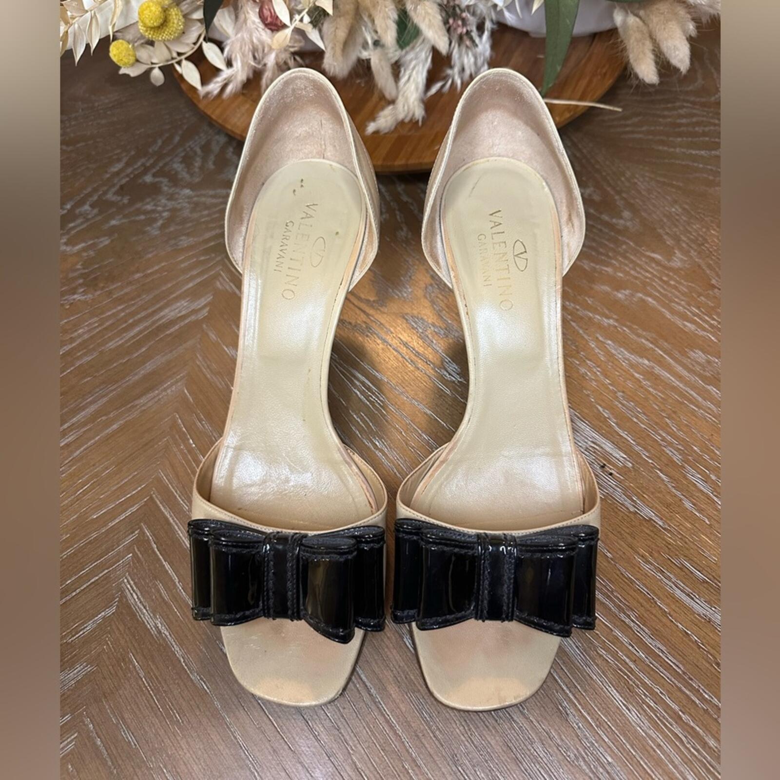 Valentino Garavani Nude Leather Open-Toe Pumps with Black Patent Bow