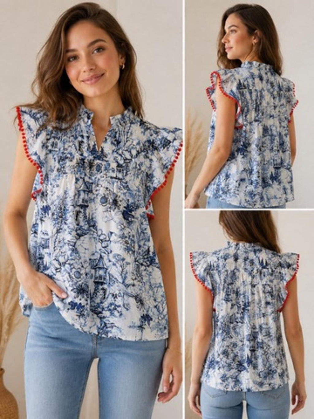 Sleeveless Printed Blouse with Ruffle and Red Trim Detail