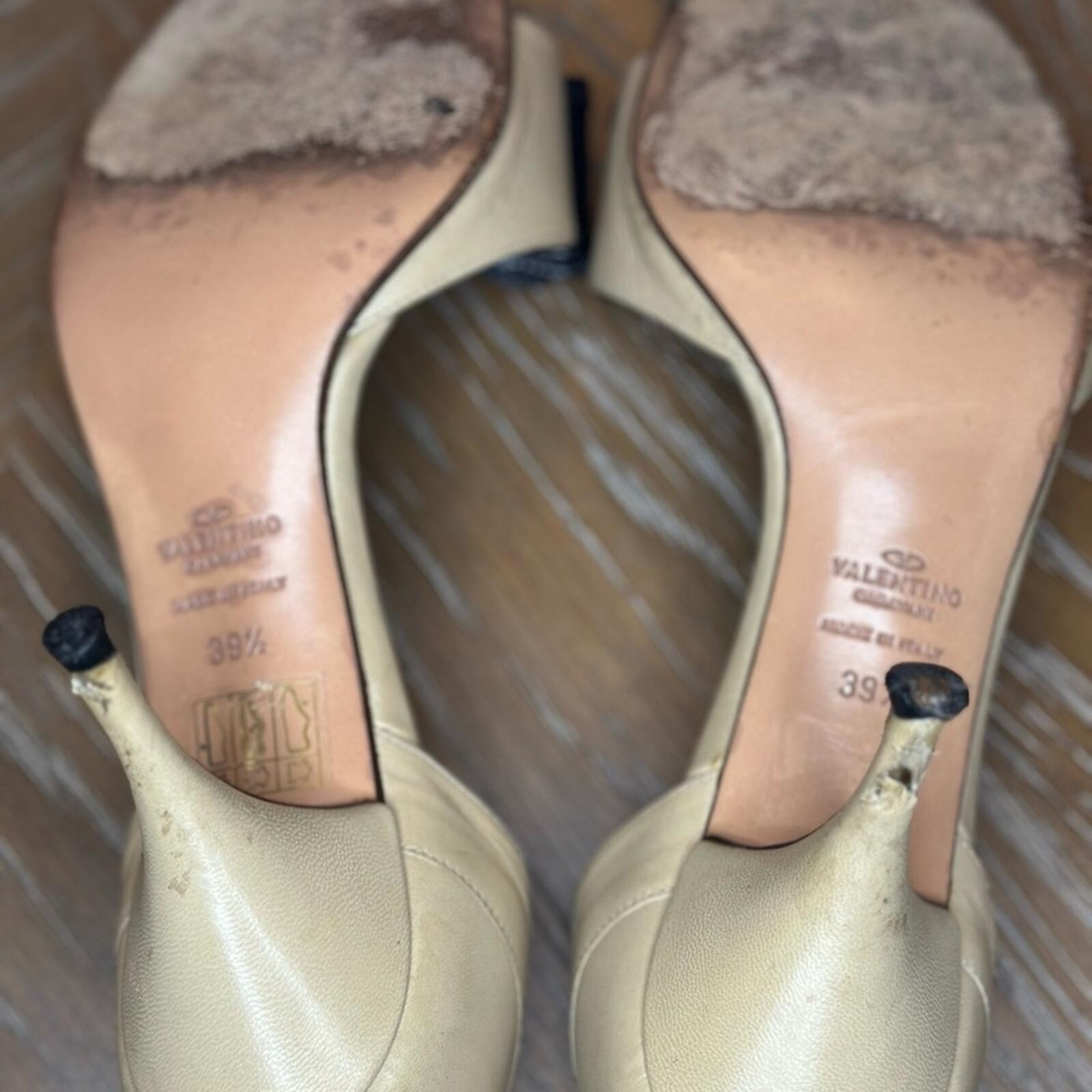 Valentino Garavani Nude Leather Open-Toe Pumps with Black Patent Bow