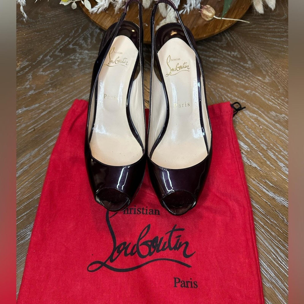 Christian Louboutin Burgundy Patent Peep-Toe Slingback Heels