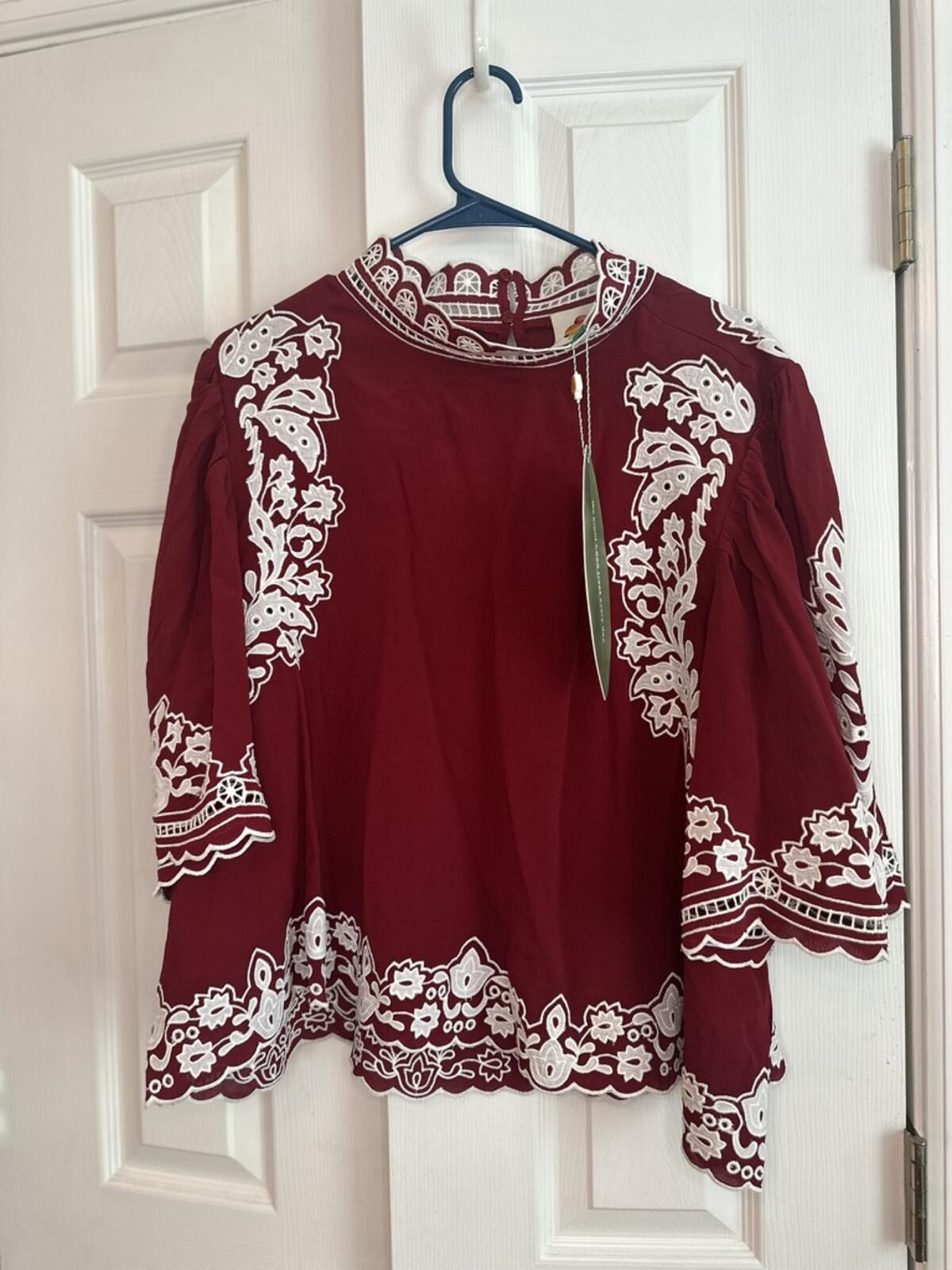 FARM Rio Embroidered Burgundy Blouse with Scalloped Edges