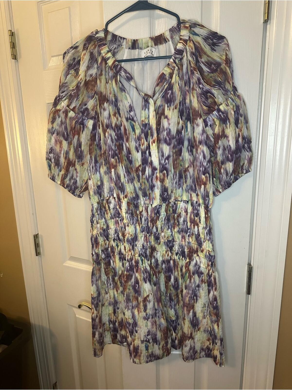 Tanya Taylor Multicolor Smocked Neck Puff Sleeve Mini Dress