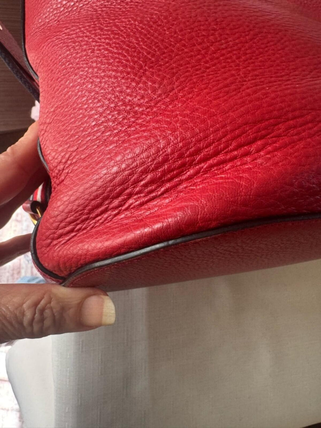 Prada Red Pebbled Leather Shoulder Bag with Striped Strap