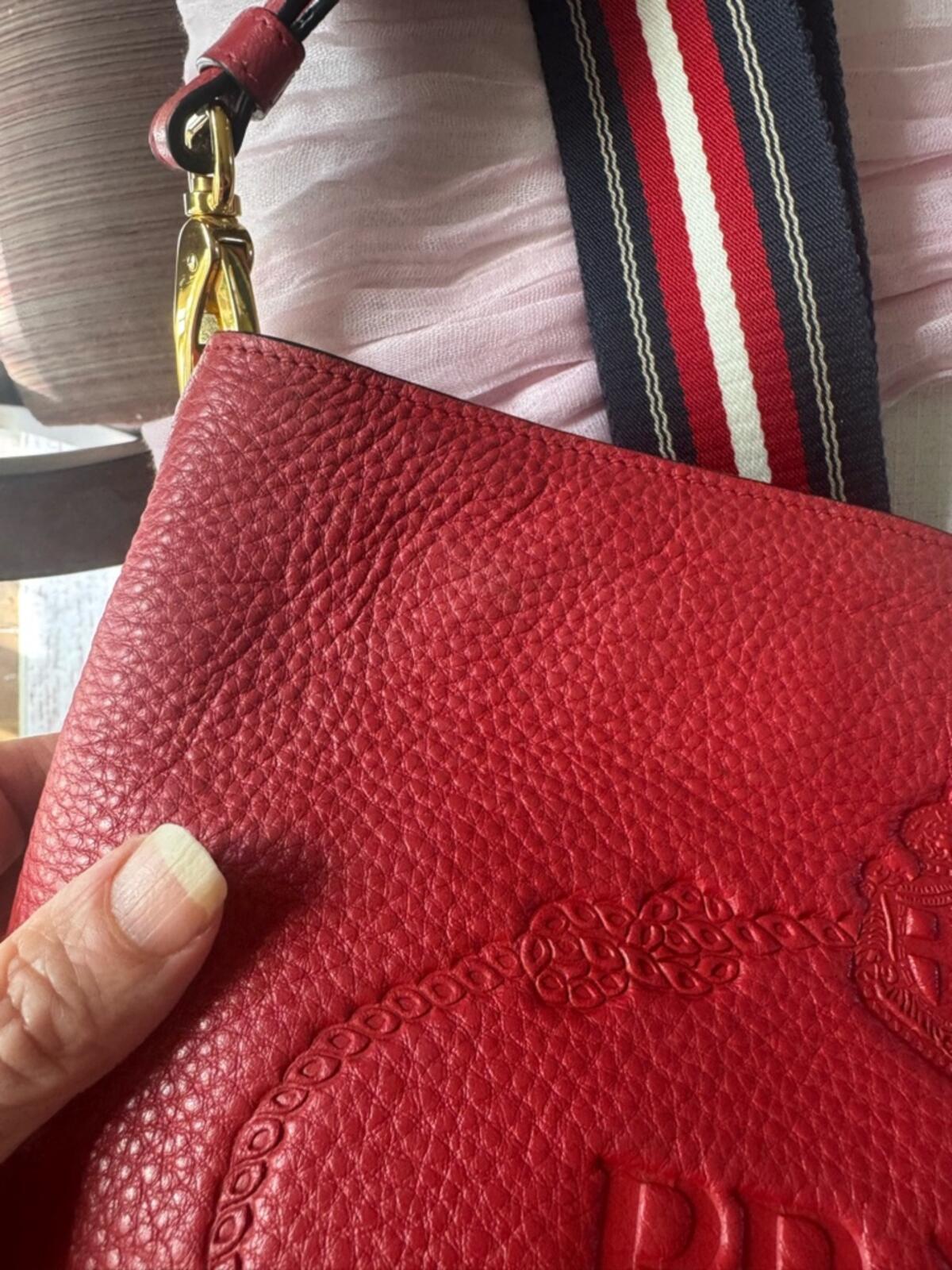 Prada Red Pebbled Leather Shoulder Bag with Striped Strap