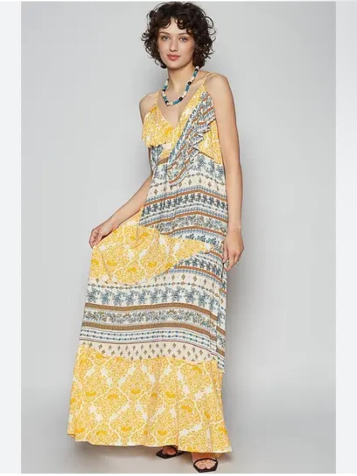 POL Yellow and White Patterned Sleeveless Maxi Dress