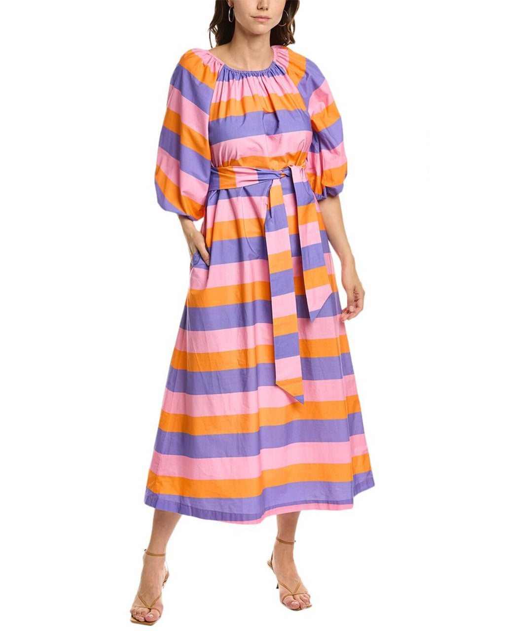 Frances Valentine Striped Puff Sleeve Midi Dress with Belt
