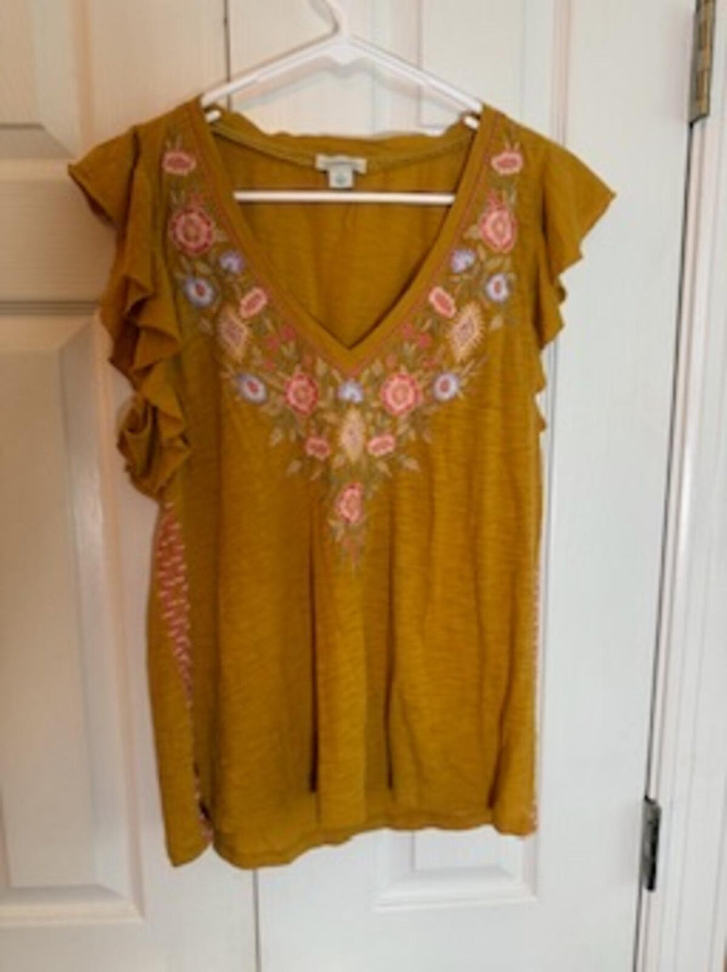 Sundance Mustard Yellow Embroidered Flutter Sleeve Boho Top