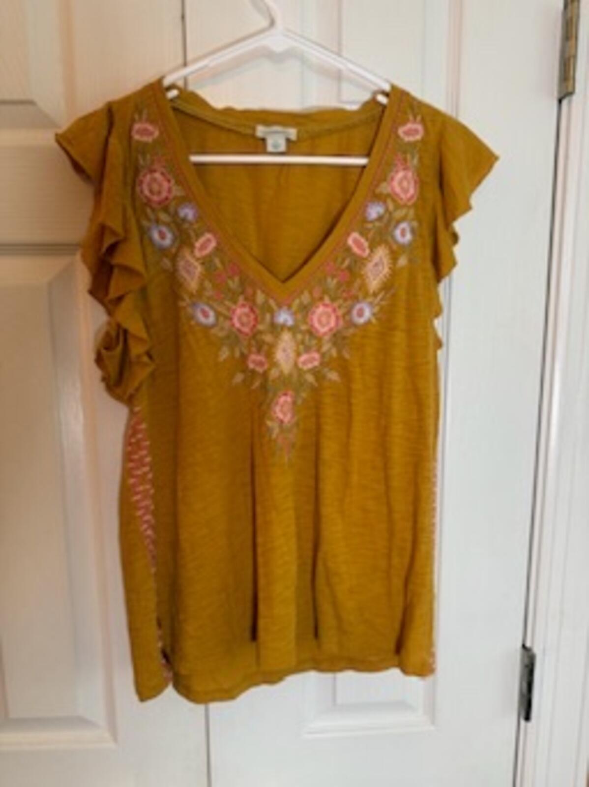 Sundance Mustard Yellow Embroidered Flutter Sleeve Boho Top