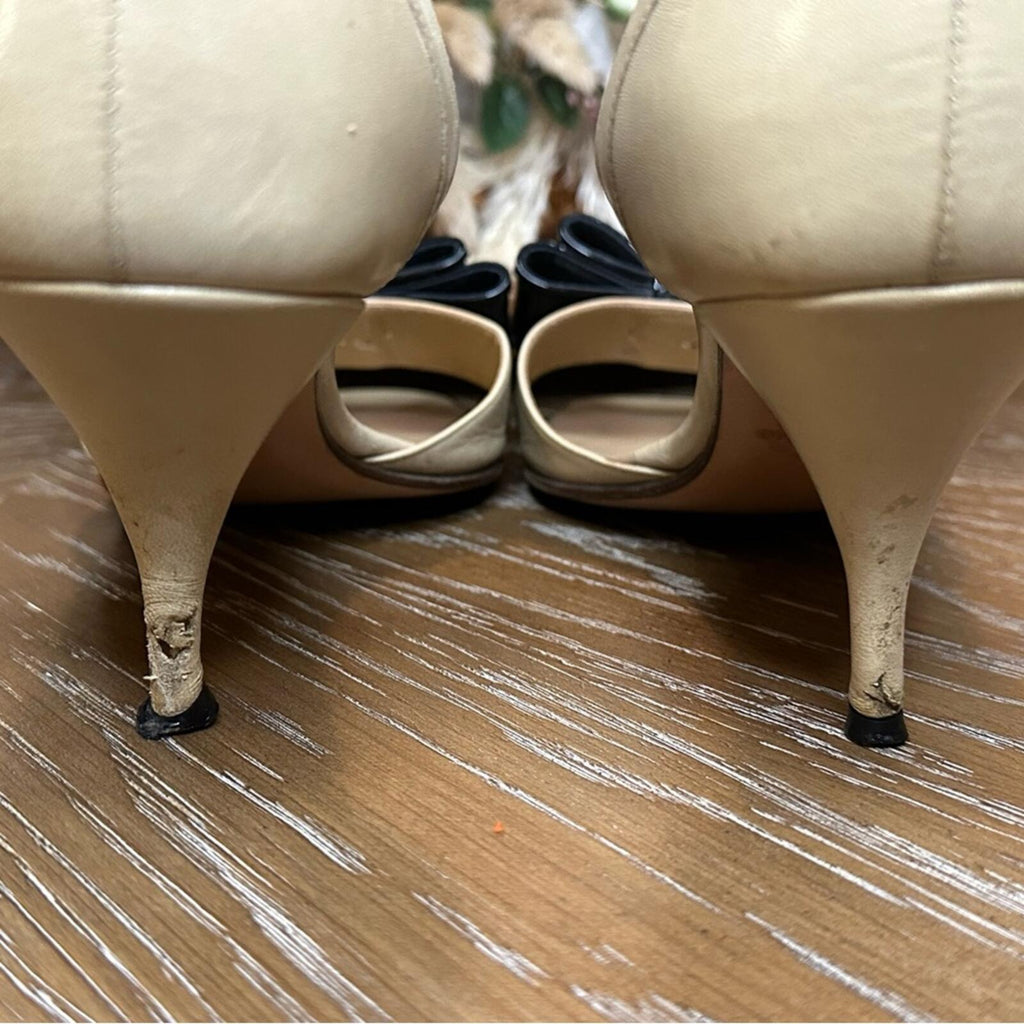 Valentino Garavani Nude Leather Open-Toe Pumps with Black Patent Bow