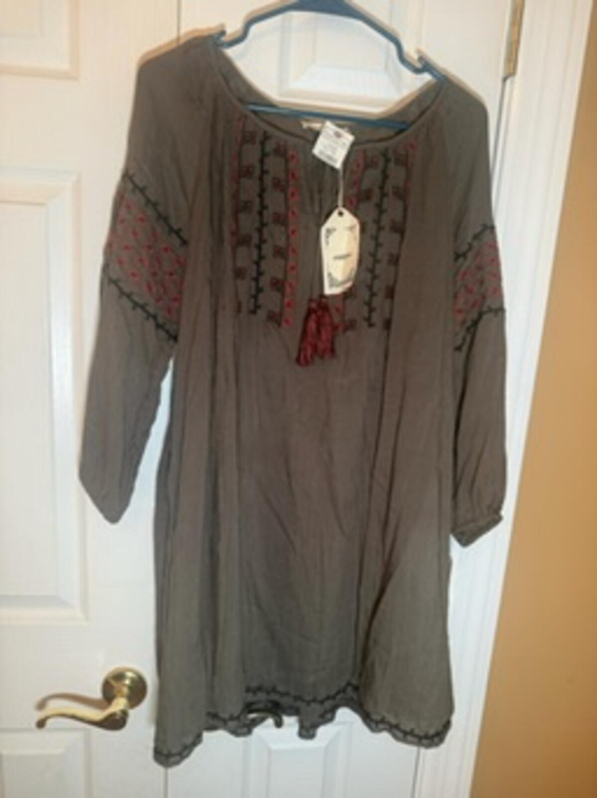 Entro Womens Gray Embroidered Boho Tunic Dress M Long Sleeve
