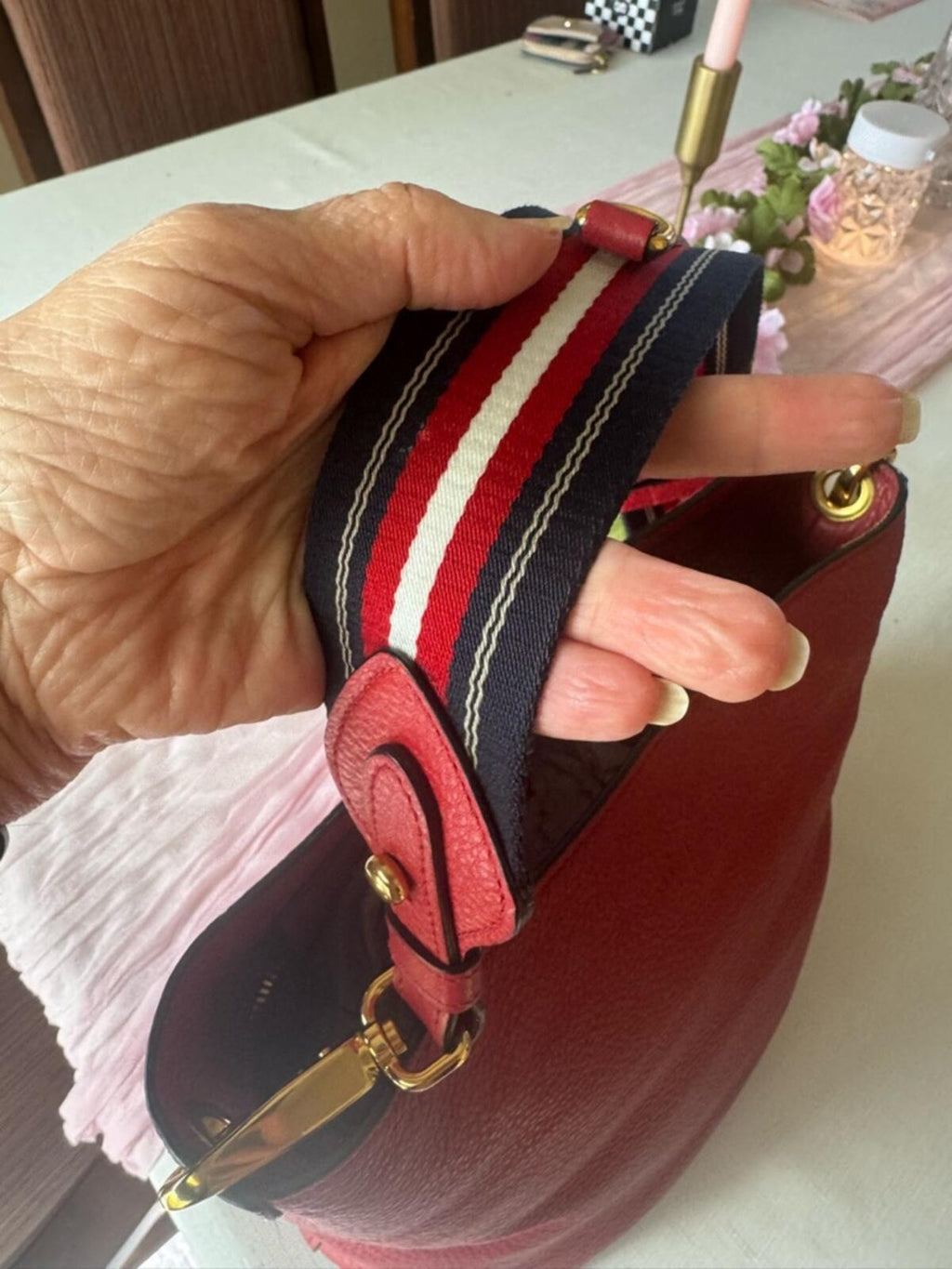 Prada Red Pebbled Leather Shoulder Bag with Striped Strap