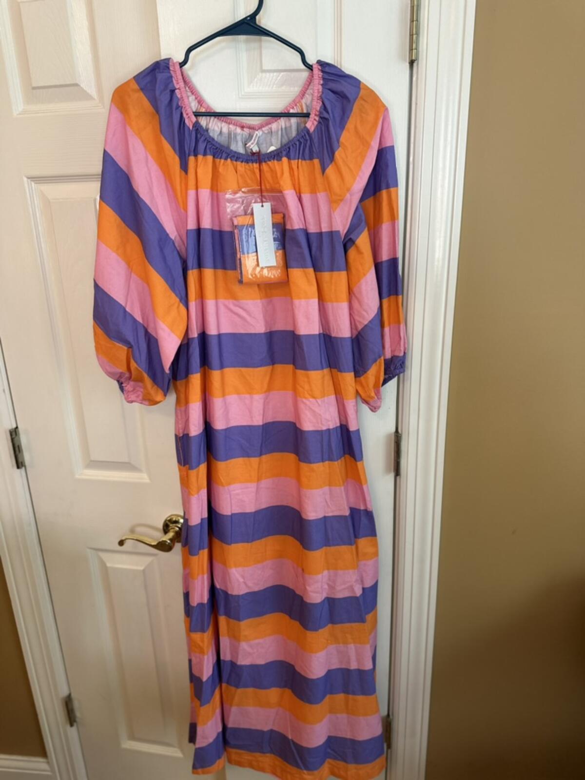 Frances Valentine Striped Puff Sleeve Midi Dress with Belt