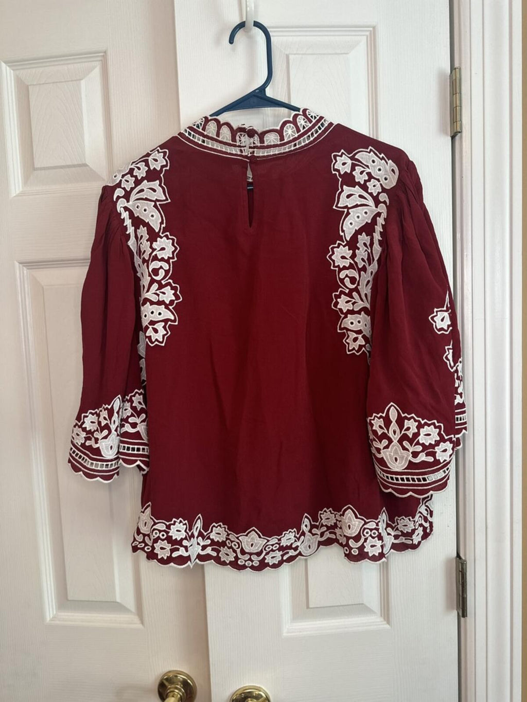 FARM Rio Embroidered Burgundy Blouse with Scalloped Edges