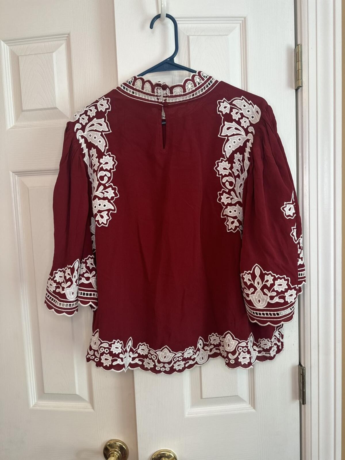 FARM Rio Embroidered Burgundy Blouse with Scalloped Edges