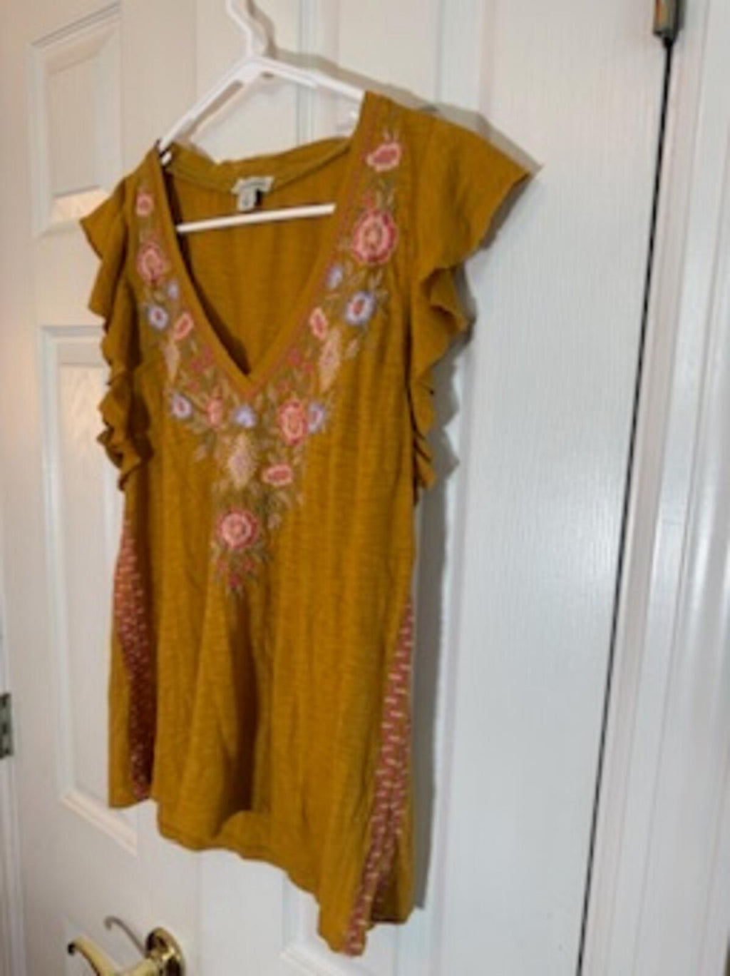 Sundance Mustard Yellow Embroidered Flutter Sleeve Boho Top