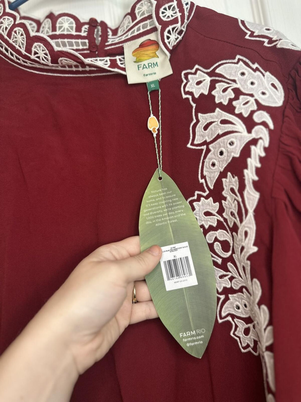 FARM Rio Embroidered Burgundy Blouse with Scalloped Edges