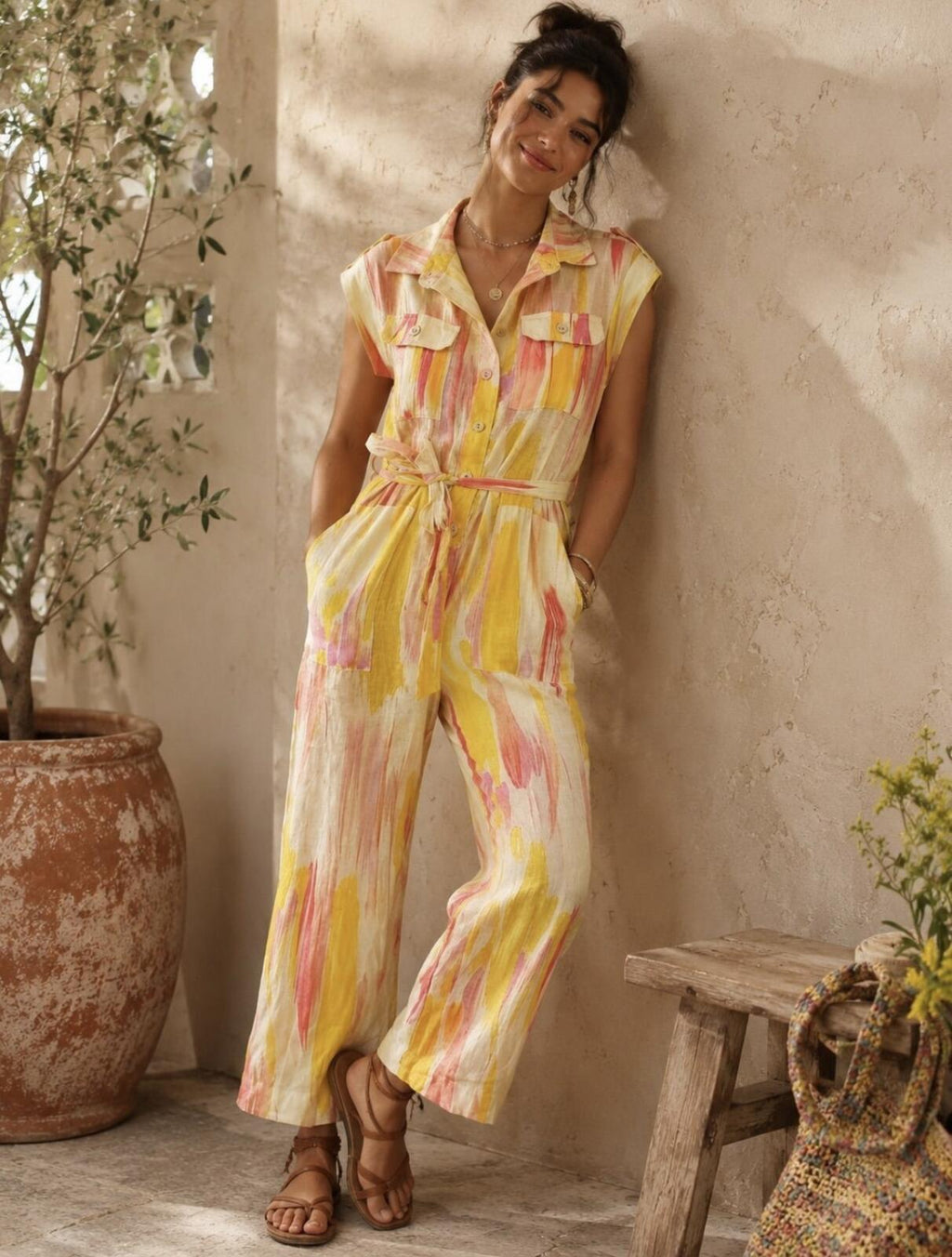 Little Lies Linen Jumpsuit with Tie Waist, Size L