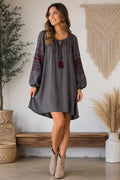 Entro Womens Gray Embroidered Boho Tunic Dress M Long Sleeve