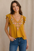 Sundance Mustard Yellow Embroidered Flutter Sleeve Boho Top