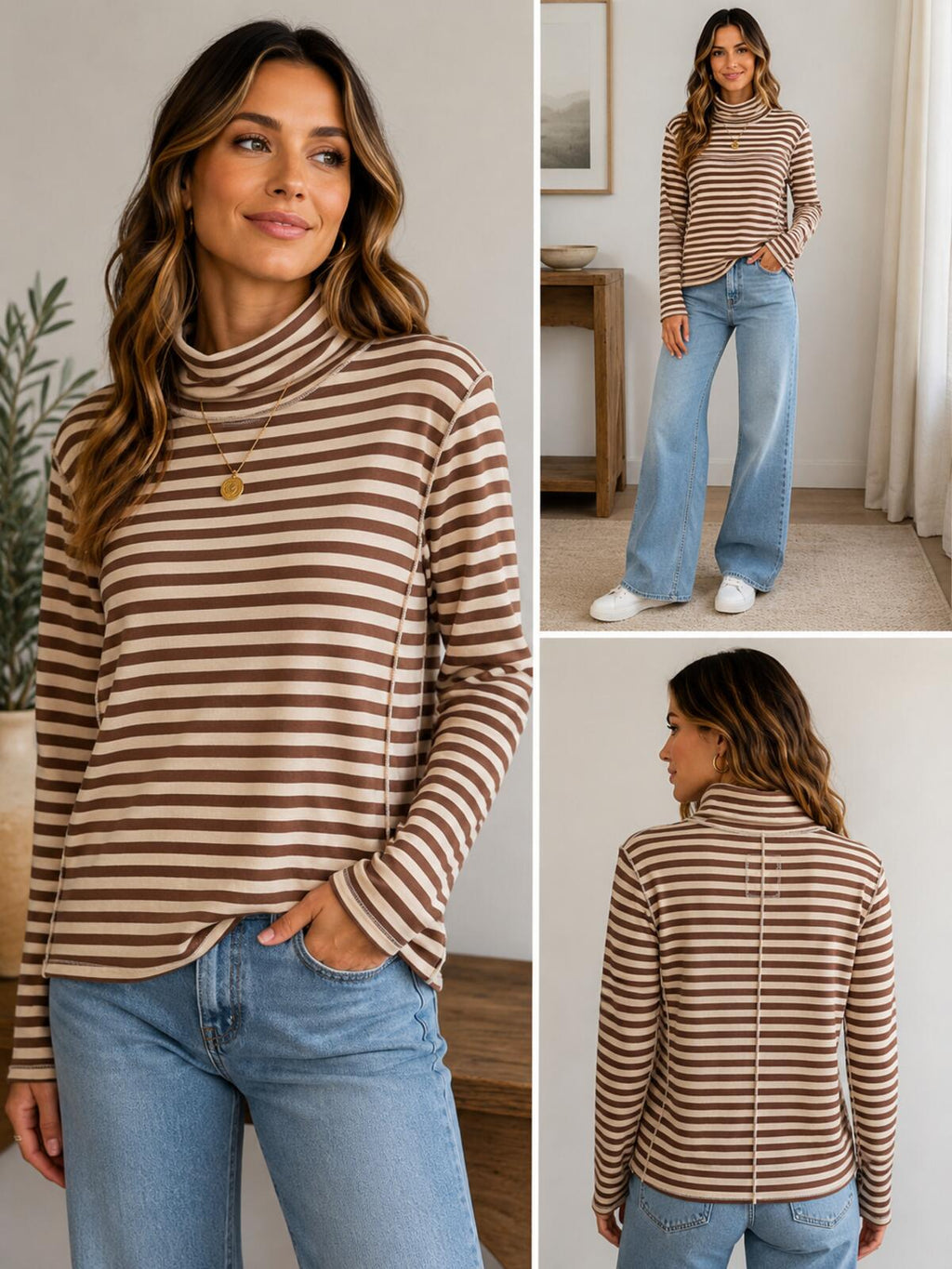 We The Free by Free People XL Brown Cream Striped Mock Neck Long Sleeve Top