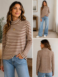 We The Free by Free People XL Brown Cream Striped Mock Neck Long Sleeve Top