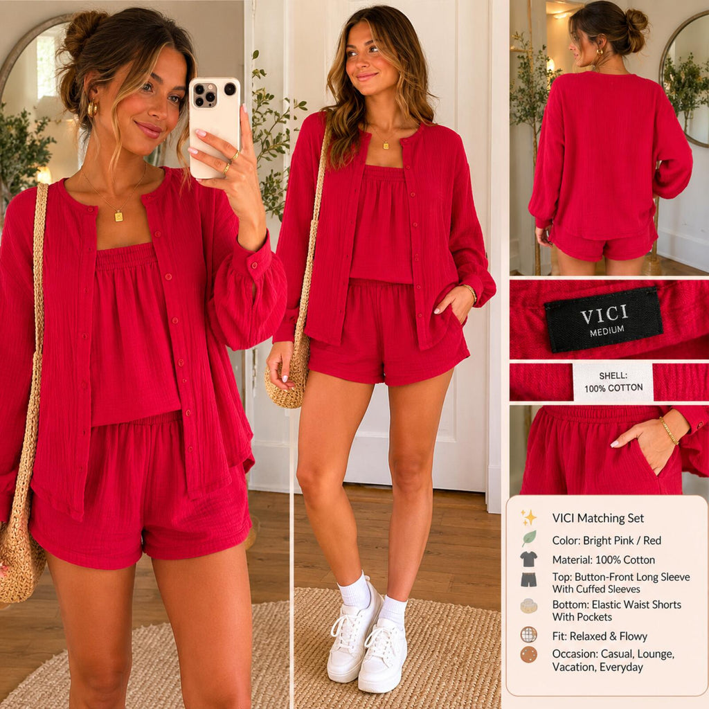 VICI 2 Piece Matching Gauze Cotton Lounge Set Red