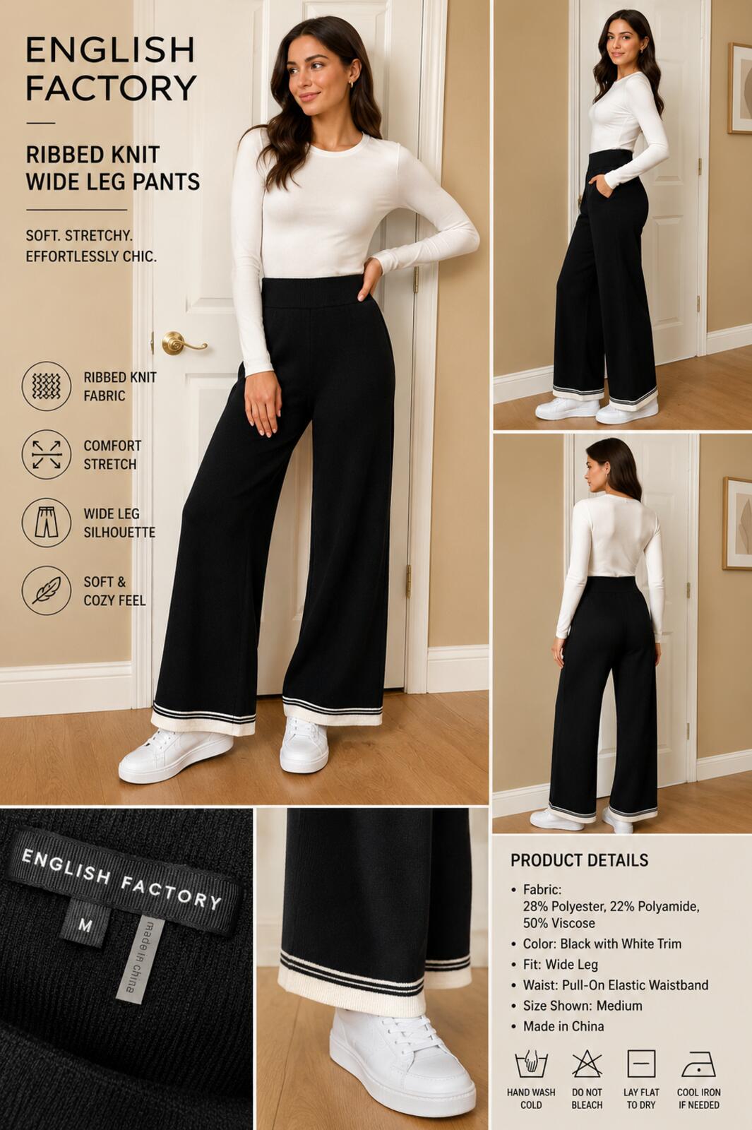 English Factory Women's Black Ribbed Knit Wide Leg Pants M