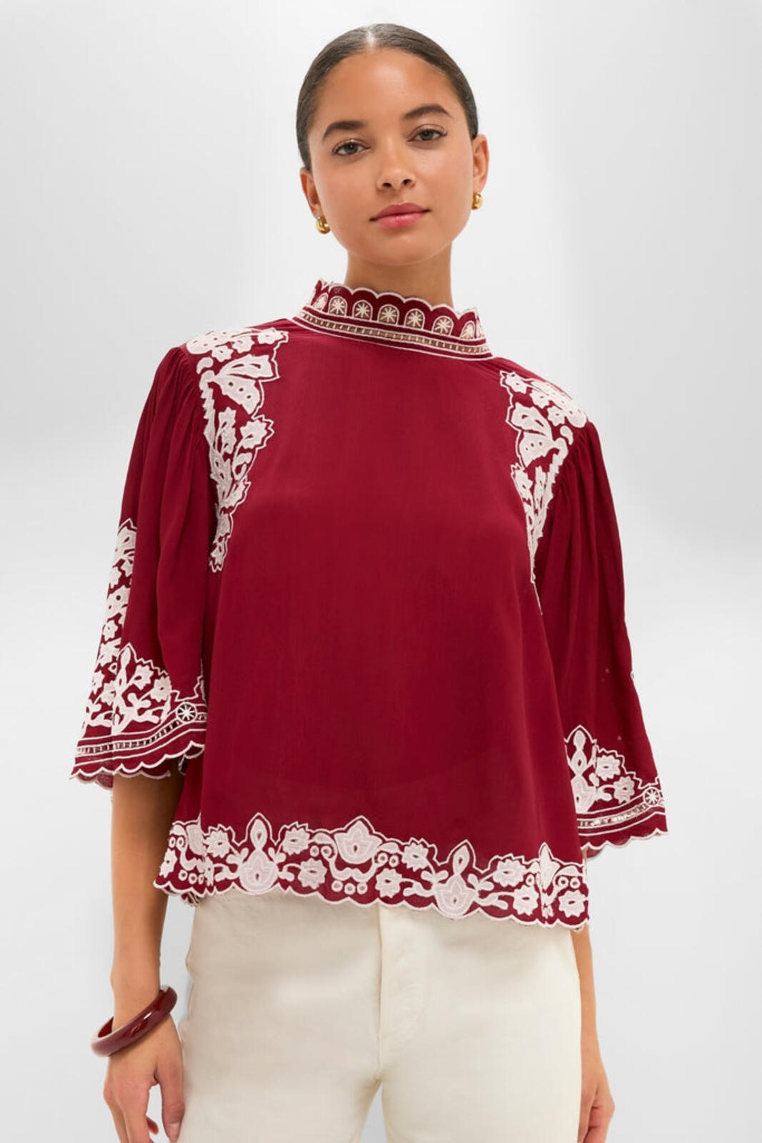 FARM Rio Embroidered Burgundy Blouse with Scalloped Edges