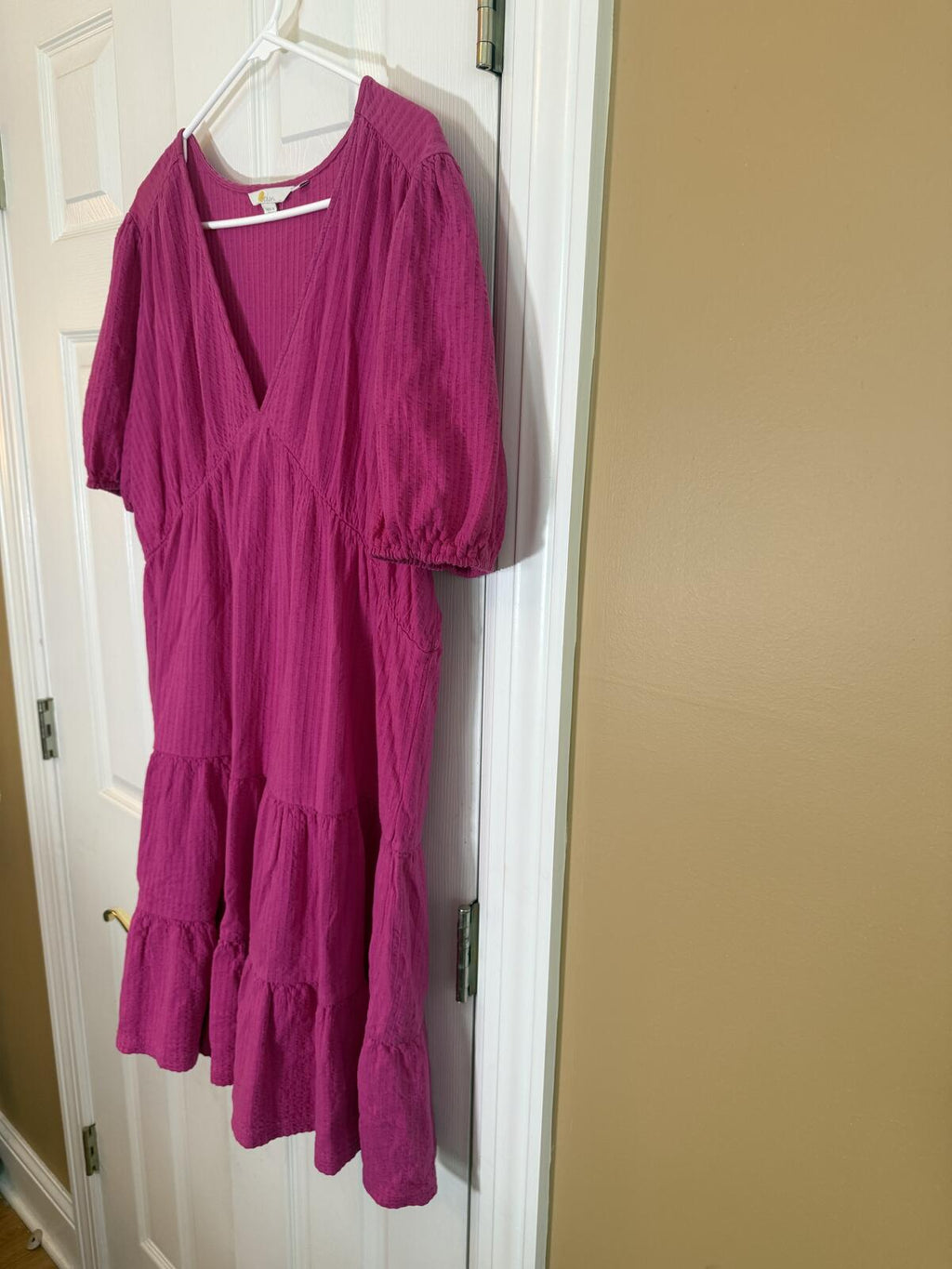 Boden Purple V-Neck Tiered Midi Dress with Puff Sleeves