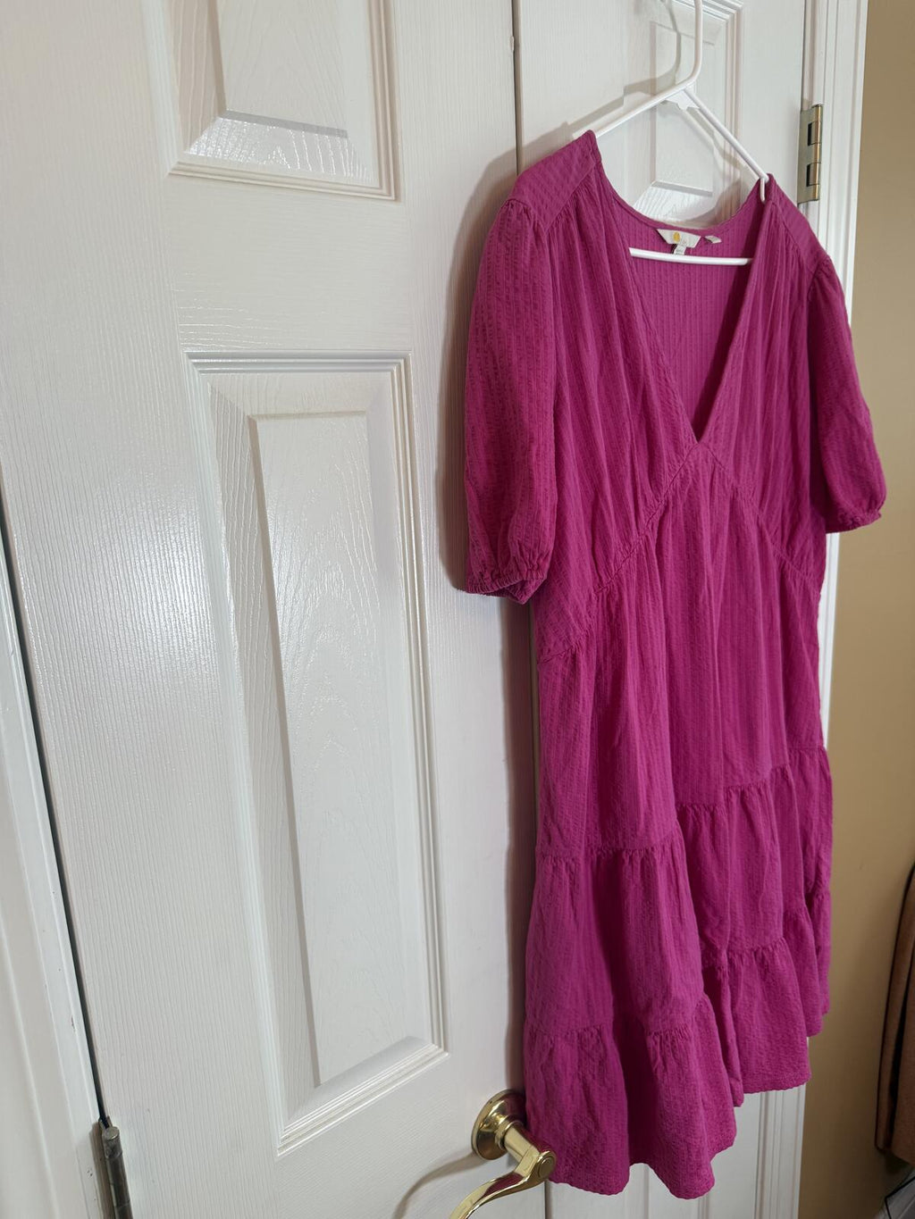 Boden Purple V-Neck Tiered Midi Dress with Puff Sleeves
