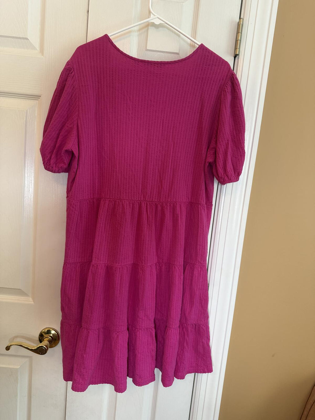 Boden Purple V-Neck Tiered Midi Dress with Puff Sleeves