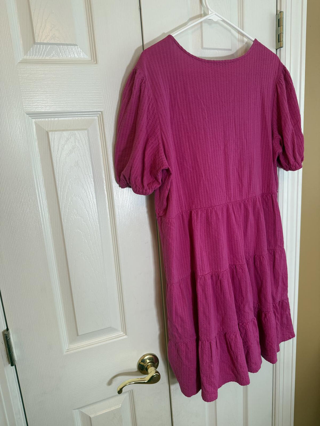 Boden Purple V-Neck Tiered Midi Dress with Puff Sleeves