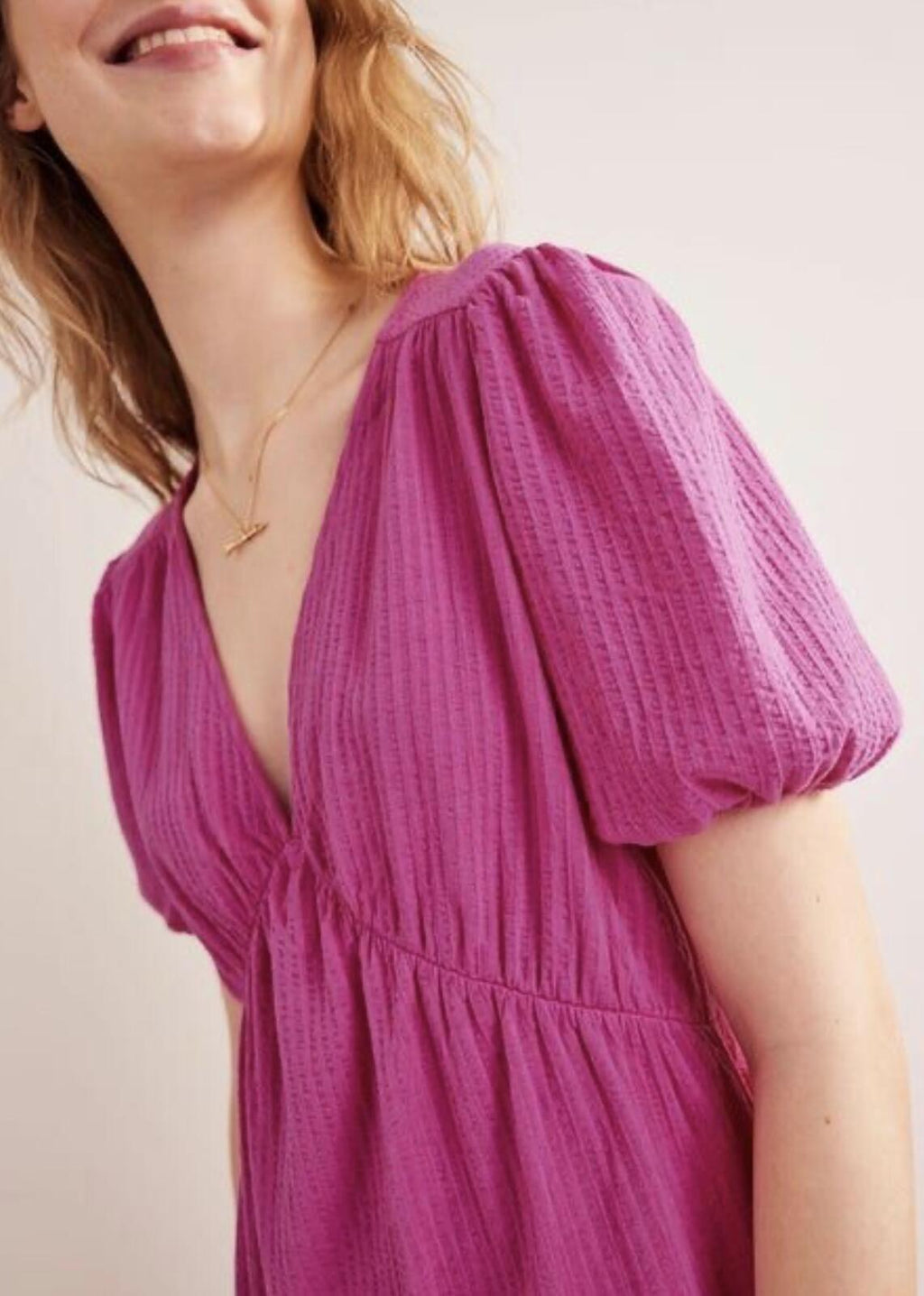 Boden Purple V-Neck Tiered Midi Dress with Puff Sleeves