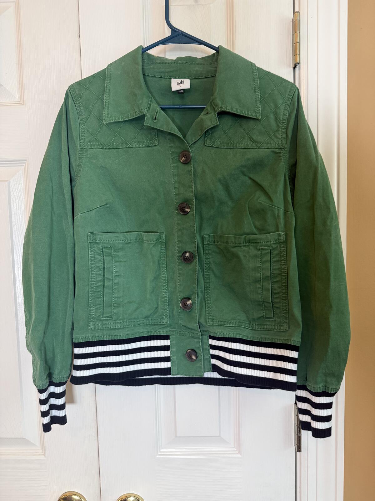 Anthropologie Green Utility Jacket with Striped Ribbed Cuffs